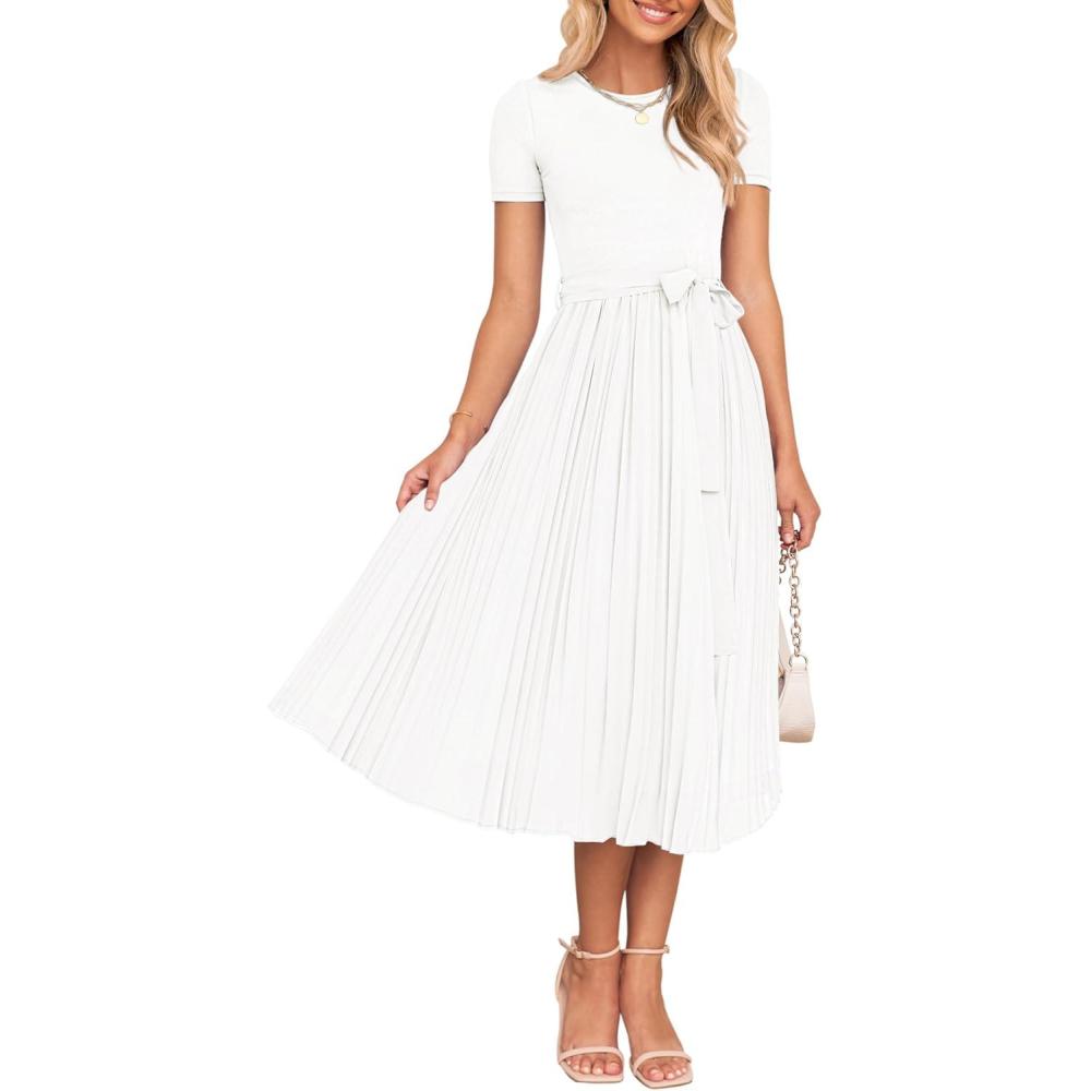imageZESICA Womens 2026 Summer Short Sleeve Midi Dresses Casual Crew Neck Knit Belted Pleated A Line Flowy Wedding Guest DressWhite