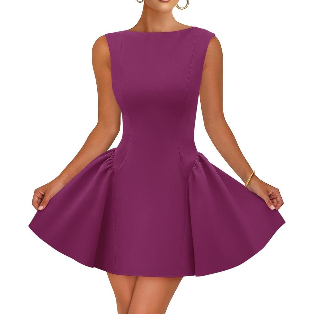 imageZESICA Womens 2026 Summer Sleeveless Cocktail Mini Dress Boat Neck Backless Swing A Line Wedding Club Party Short DressesEggplant