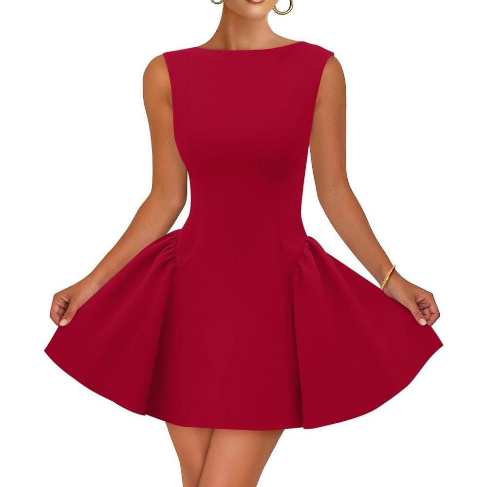 imageZESICA Womens 2026 Summer Sleeveless Cocktail Mini Dress Boat Neck Backless Swing A Line Wedding Club Party Short DressesRed