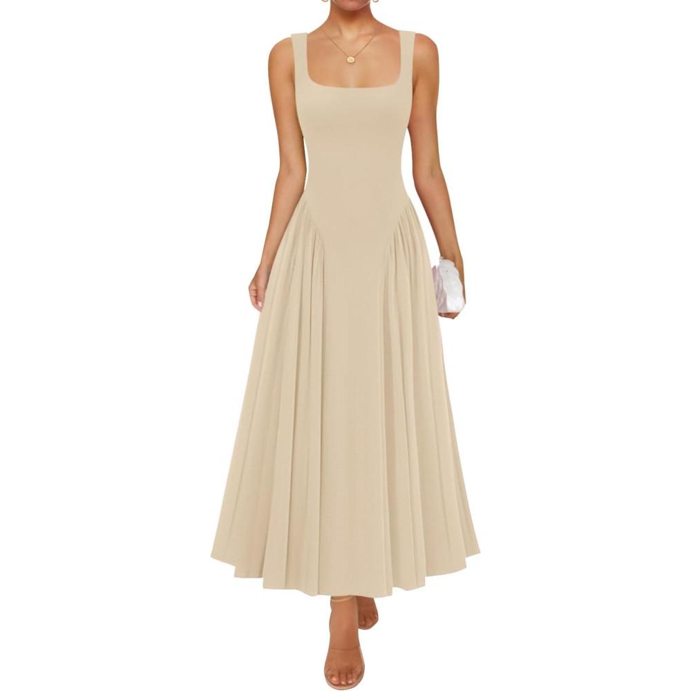 imageZESICA Womens 2026 Summer Sleeveless Square Neck Sundress Casual Long Flowy A Line Beach Vacation Maxi DressesApricot