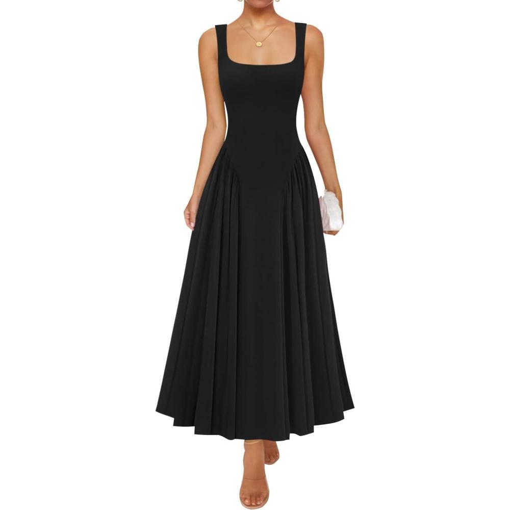 imageZESICA Womens 2026 Summer Sleeveless Square Neck Sundress Casual Long Flowy A Line Beach Vacation Maxi DressesBlack