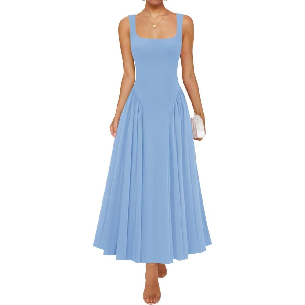 imageZESICA Womens 2026 Summer Sleeveless Square Neck Sundress Casual Long Flowy A Line Beach Vacation Maxi DressesBlue