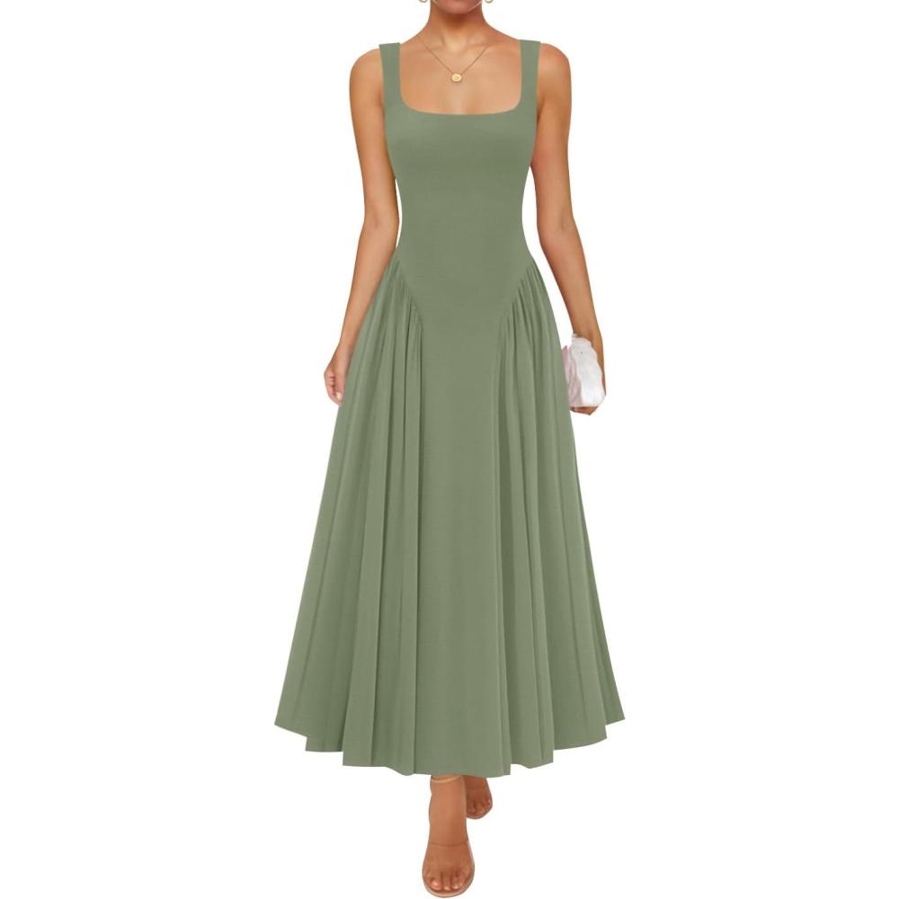 imageZESICA Womens 2026 Summer Sleeveless Square Neck Sundress Casual Long Flowy A Line Beach Vacation Maxi DressesGreen