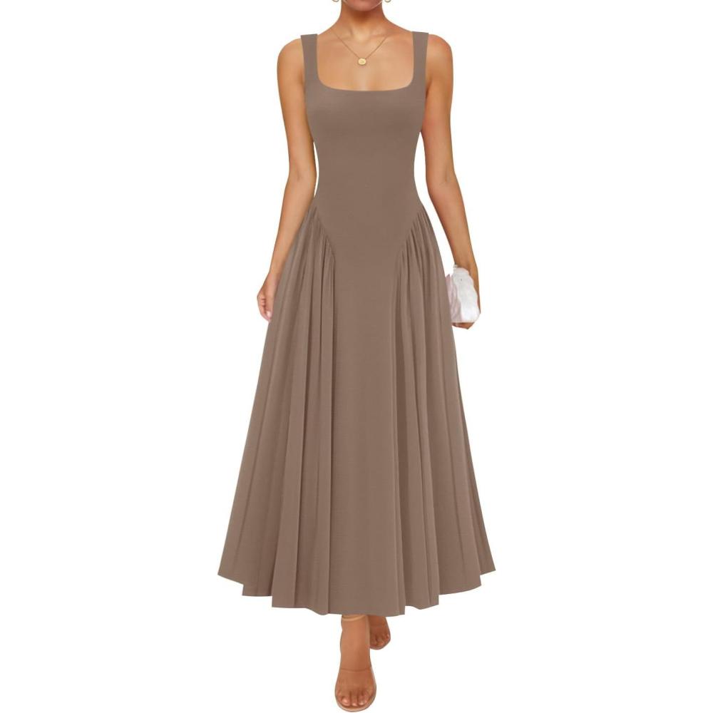 imageZESICA Womens 2026 Summer Sleeveless Square Neck Sundress Casual Long Flowy A Line Beach Vacation Maxi DressesKhaki