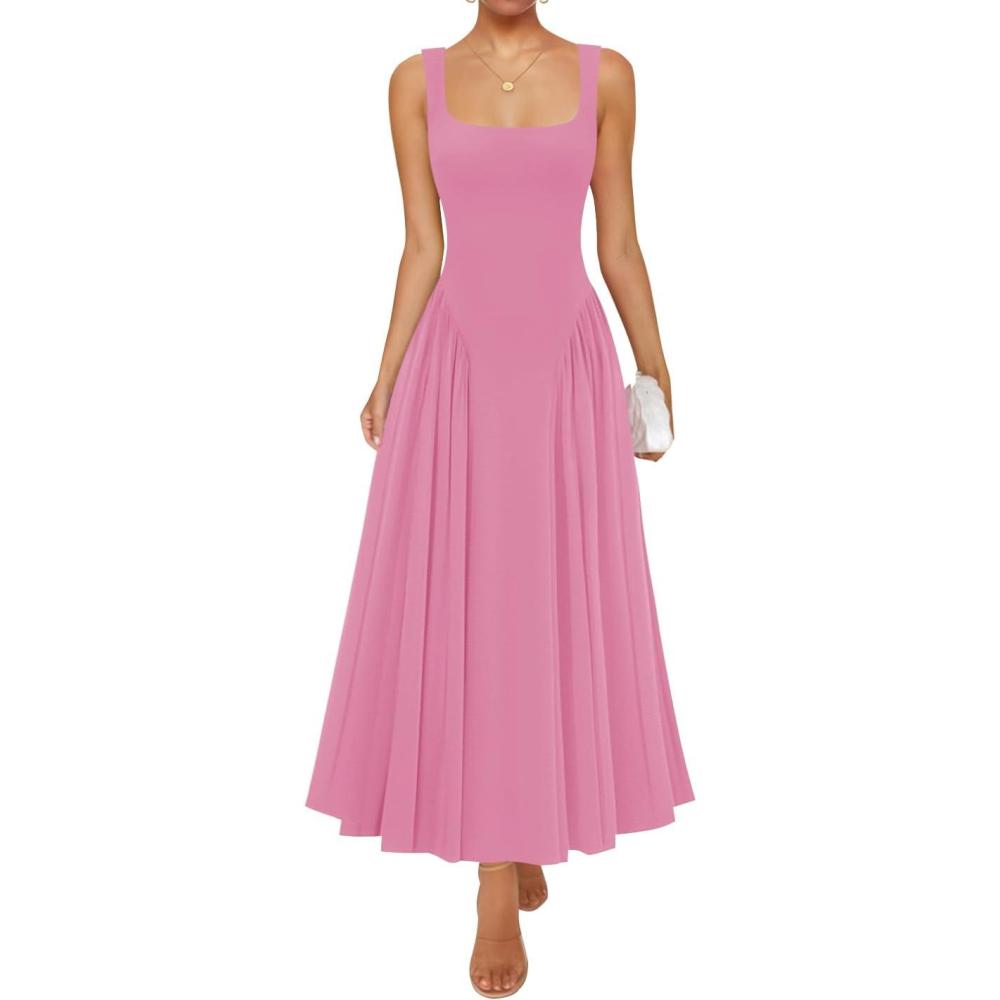 imageZESICA Womens 2026 Summer Sleeveless Square Neck Sundress Casual Long Flowy A Line Beach Vacation Maxi DressesPink