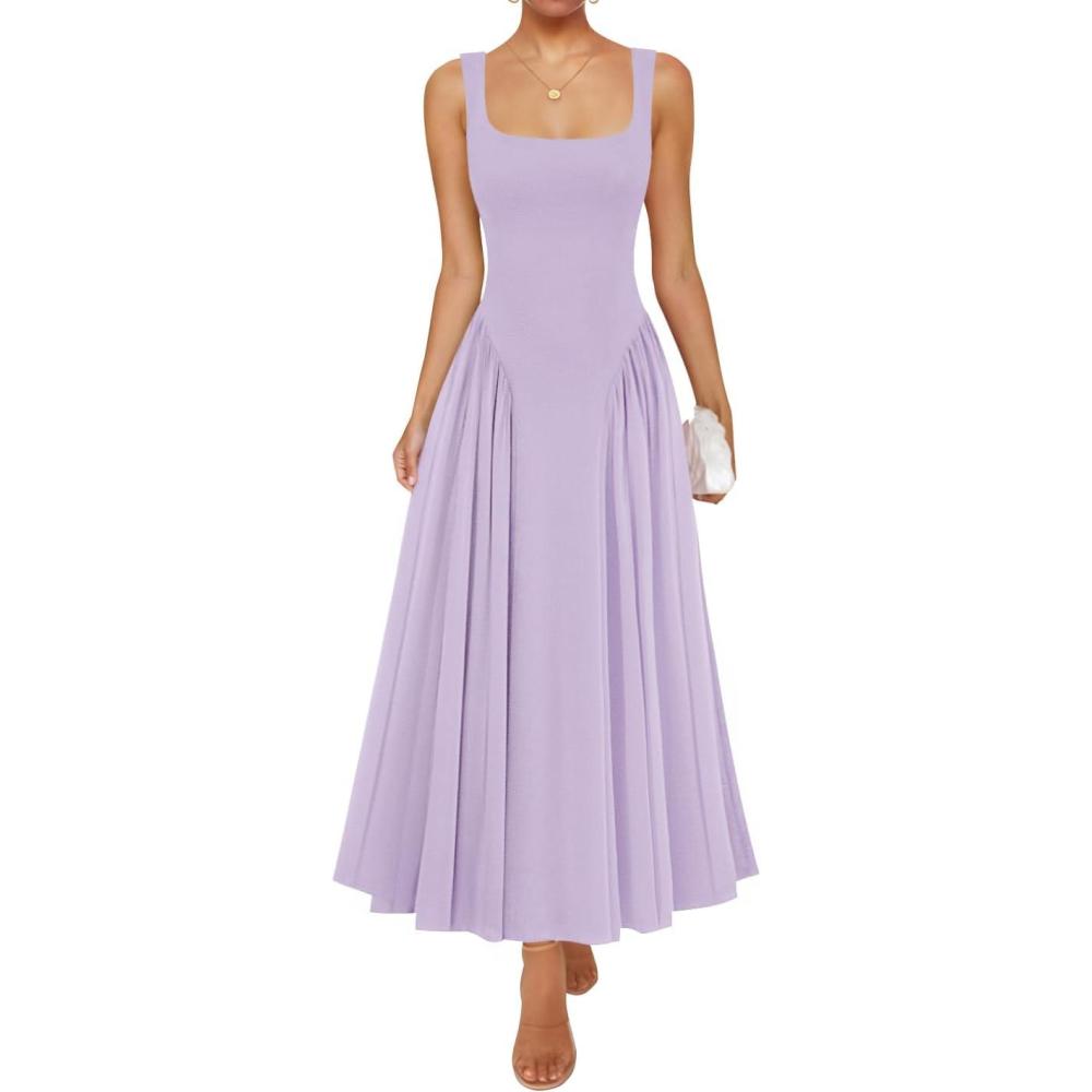 imageZESICA Womens 2026 Summer Sleeveless Square Neck Sundress Casual Long Flowy A Line Beach Vacation Maxi DressesPurple