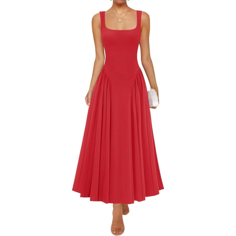 imageZESICA Womens 2026 Summer Sleeveless Square Neck Sundress Casual Long Flowy A Line Beach Vacation Maxi DressesRed