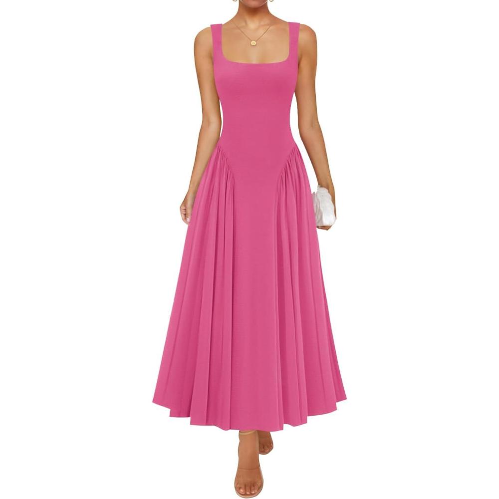 imageZESICA Womens 2026 Summer Sleeveless Square Neck Sundress Casual Long Flowy A Line Beach Vacation Maxi DressesRose