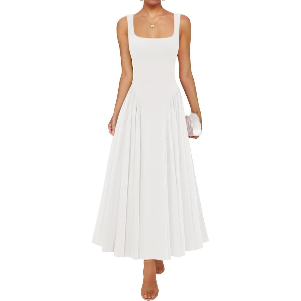 imageZESICA Womens 2026 Summer Sleeveless Square Neck Sundress Casual Long Flowy A Line Beach Vacation Maxi DressesWhite