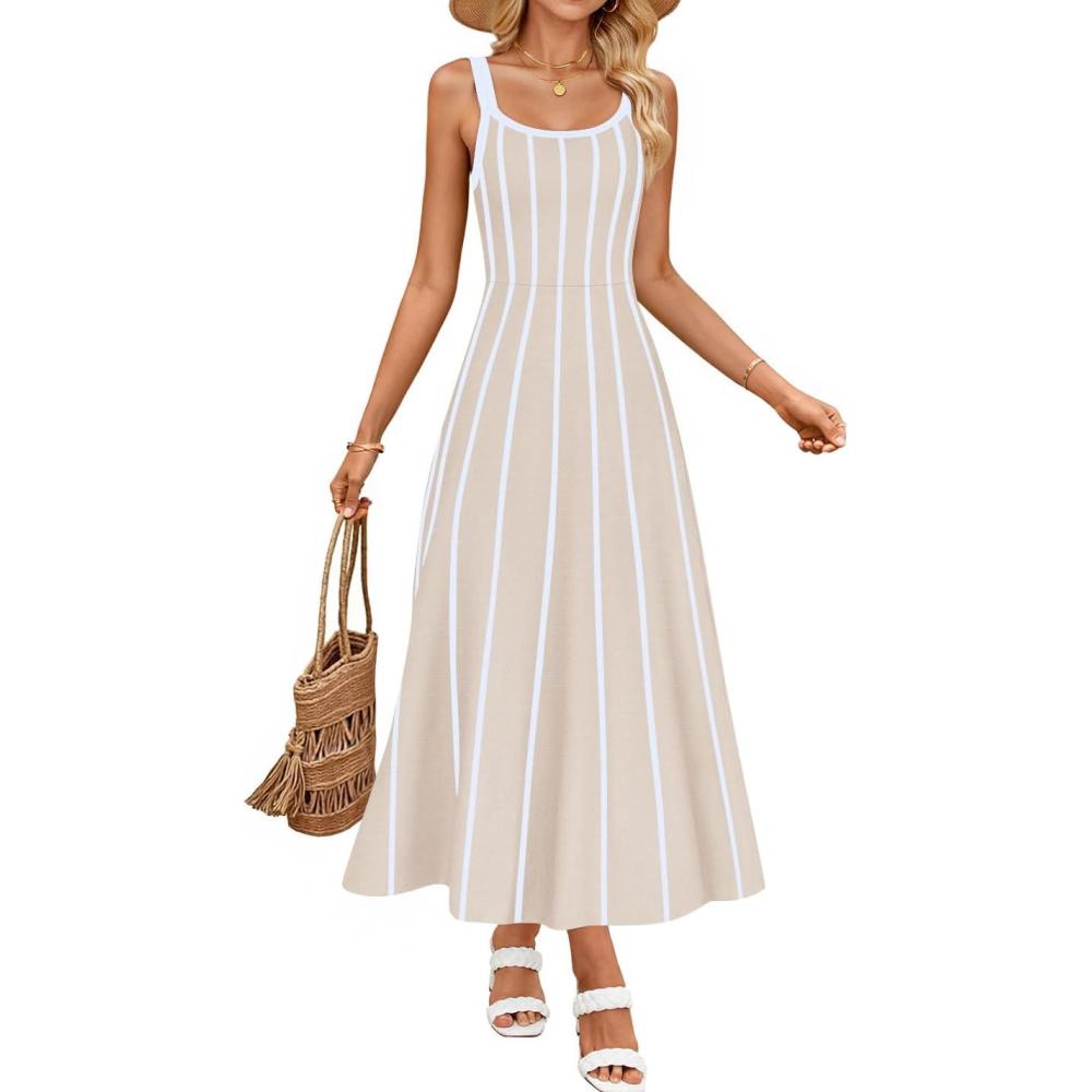 imageZESICA Womens 2026 Summer Sleeveless Striped Midi Dresses Casual A Line Swing Knit Long Dress Beach Vacation ClothesApricot