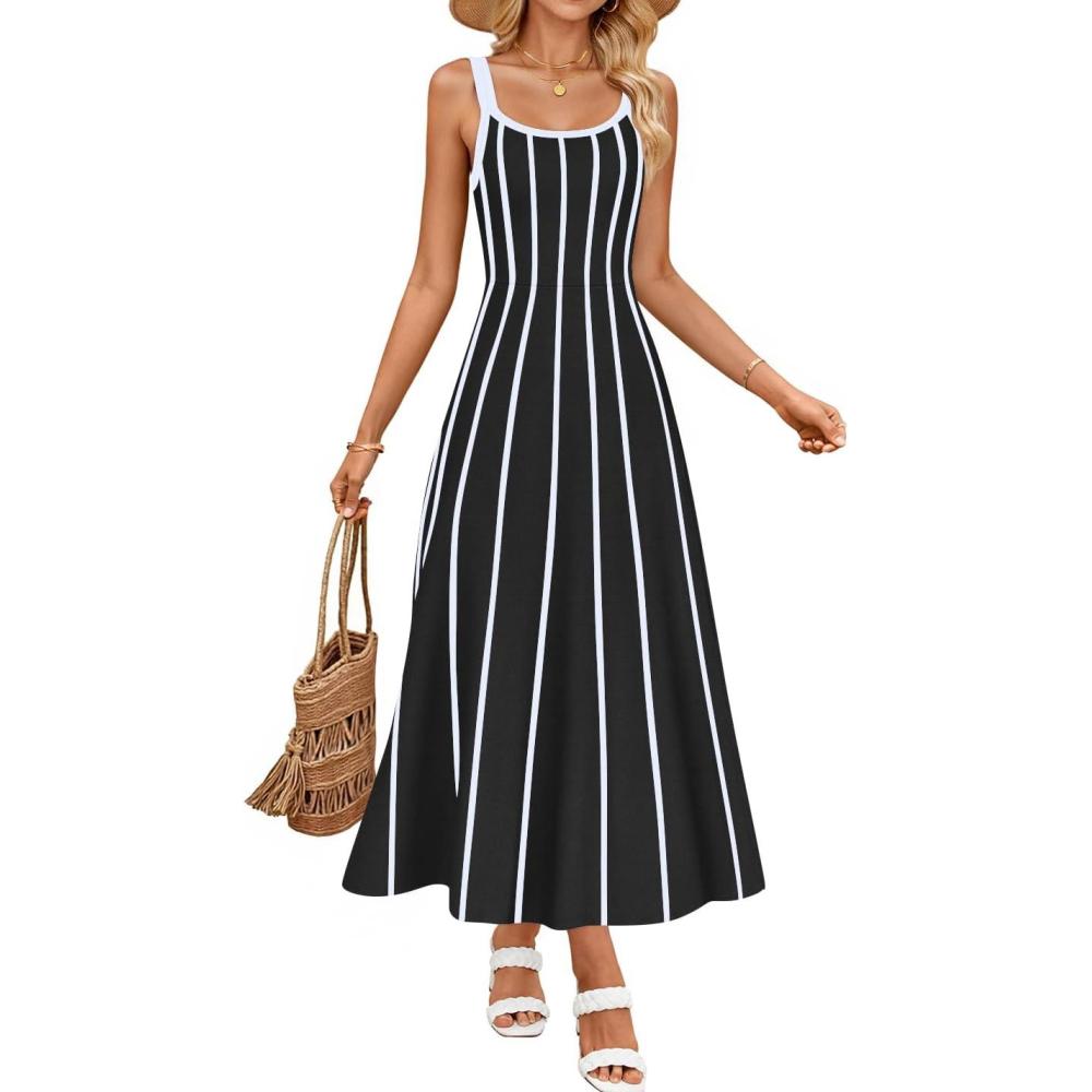imageZESICA Womens 2026 Summer Sleeveless Striped Midi Dresses Casual A Line Swing Knit Long Dress Beach Vacation ClothesBlack
