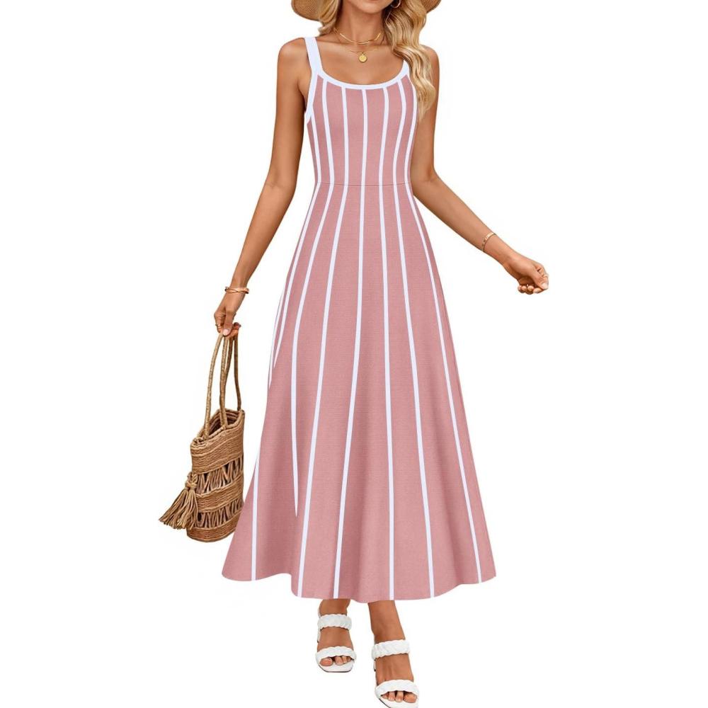 imageZESICA Womens 2026 Summer Sleeveless Striped Midi Dresses Casual A Line Swing Knit Long Dress Beach Vacation ClothesDusty Pink