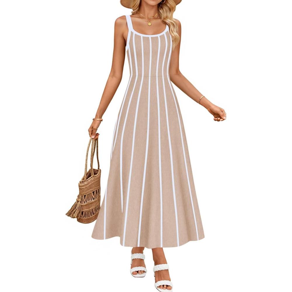 imageZESICA Womens 2026 Summer Sleeveless Striped Midi Dresses Casual A Line Swing Knit Long Dress Beach Vacation ClothesOatmeal