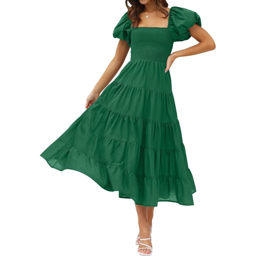 imageZESICA Womens 2026 Summer Square Neck Short Puff Sleeve Solid Color High Waist Casual Smocked Flowy A Line Tiered Midi DressForest Green