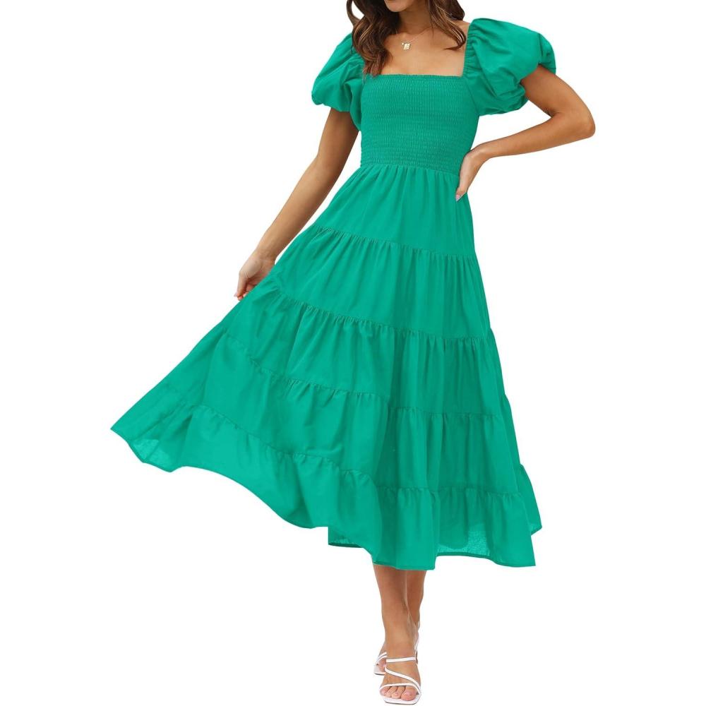 imageZESICA Womens 2026 Summer Square Neck Short Puff Sleeve Solid Color High Waist Casual Smocked Flowy A Line Tiered Midi DressGreen