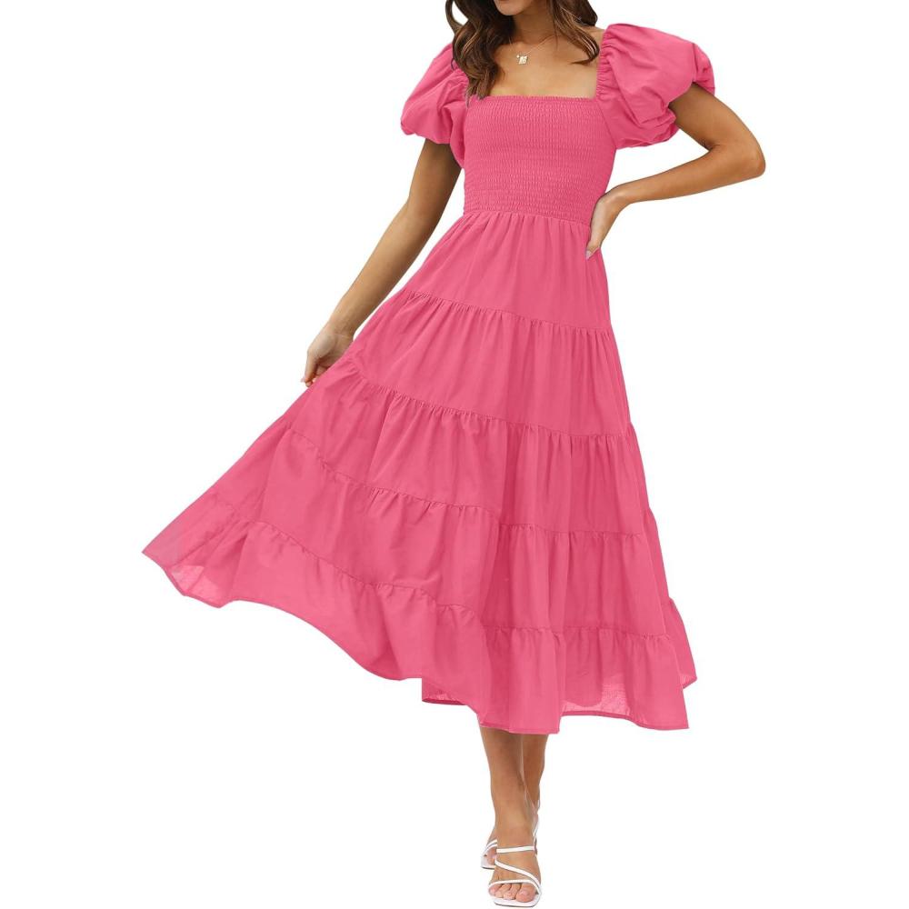 imageZESICA Womens 2026 Summer Square Neck Short Puff Sleeve Solid Color High Waist Casual Smocked Flowy A Line Tiered Midi DressHot Pink