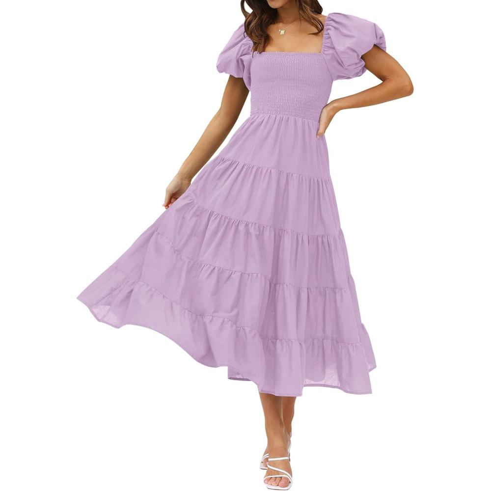 imageZESICA Womens 2026 Summer Square Neck Short Puff Sleeve Solid Color High Waist Casual Smocked Flowy A Line Tiered Midi DressLight Purple