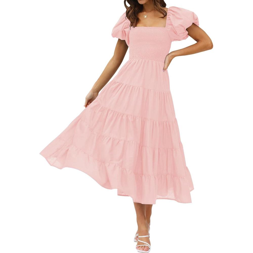 imageZESICA Womens 2026 Summer Square Neck Short Puff Sleeve Solid Color High Waist Casual Smocked Flowy A Line Tiered Midi DressPink