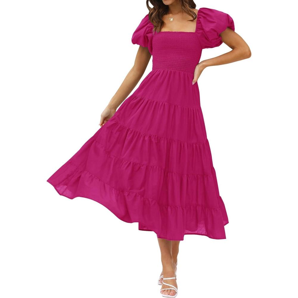 imageZESICA Womens 2026 Summer Square Neck Short Puff Sleeve Solid Color High Waist Casual Smocked Flowy A Line Tiered Midi DressRose