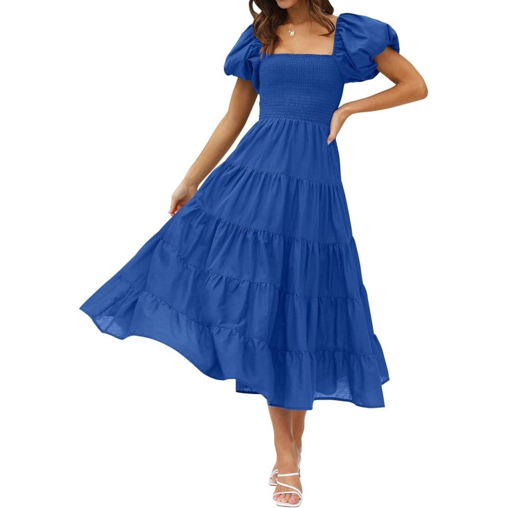 imageZESICA Womens 2026 Summer Square Neck Short Puff Sleeve Solid Color High Waist Casual Smocked Flowy A Line Tiered Midi DressRoyal Blue