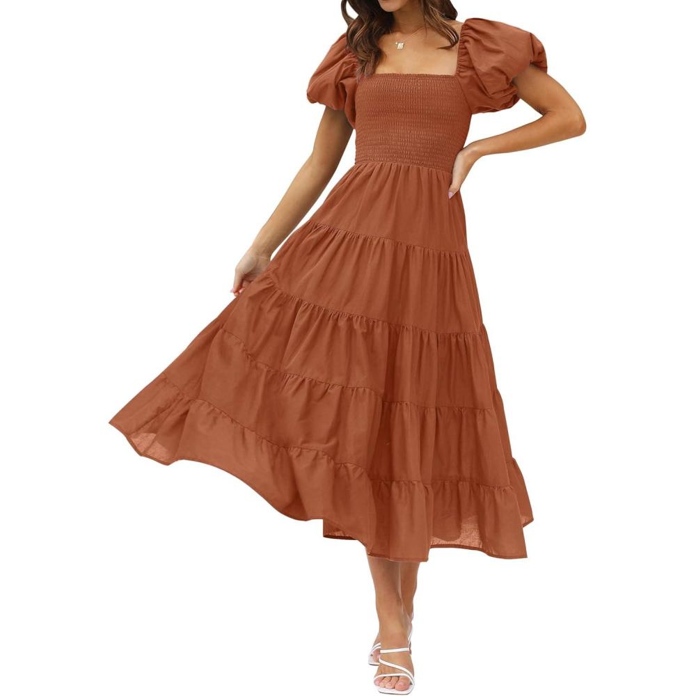 imageZESICA Womens 2026 Summer Square Neck Short Puff Sleeve Solid Color High Waist Casual Smocked Flowy A Line Tiered Midi DressRust