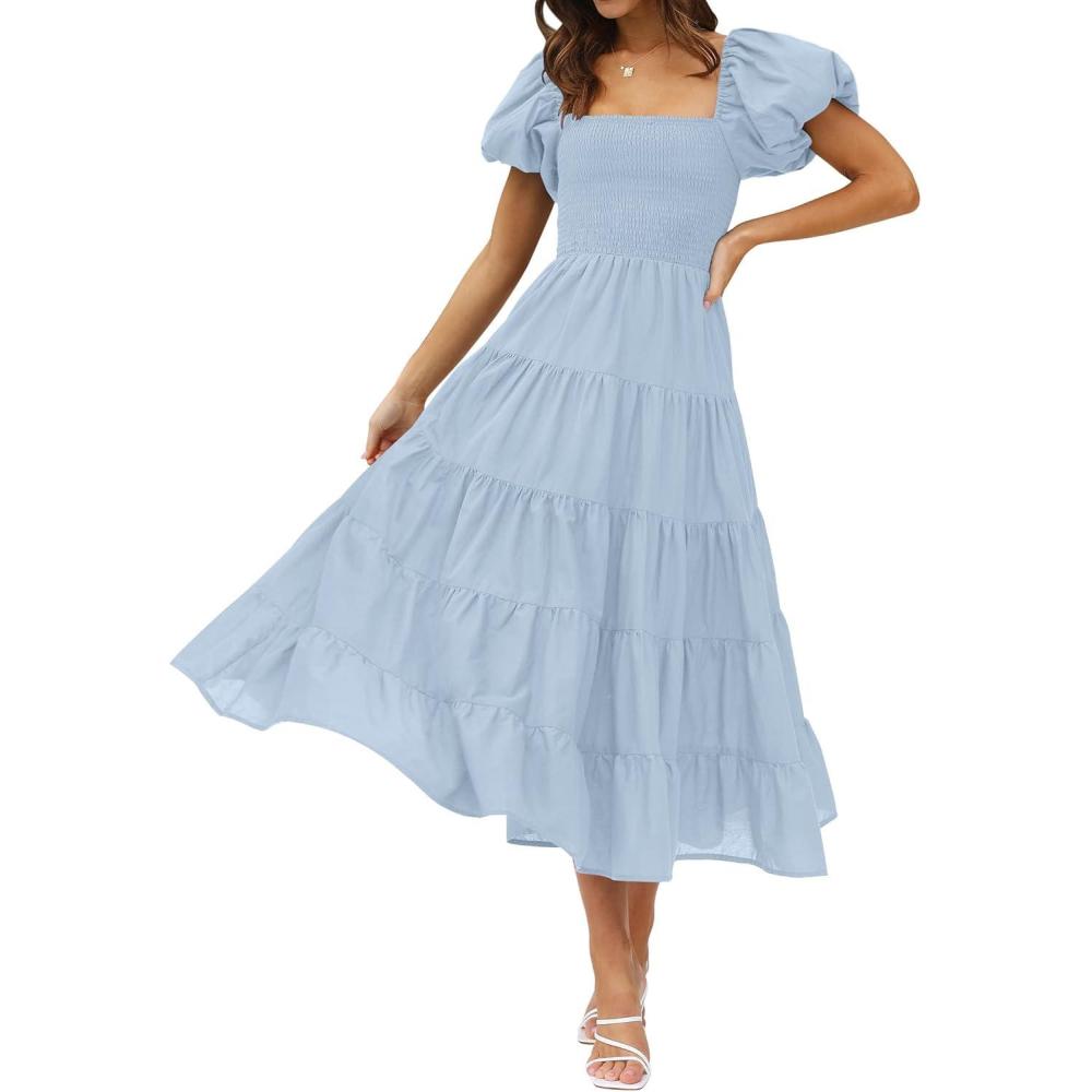 imageZESICA Womens 2026 Summer Square Neck Short Puff Sleeve Solid Color High Waist Casual Smocked Flowy A Line Tiered Midi DressSky Blue