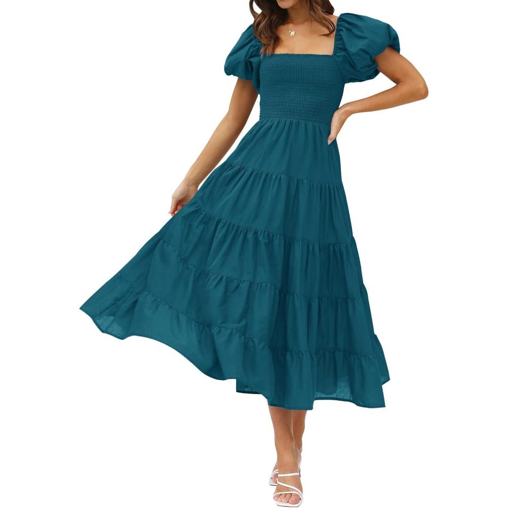 imageZESICA Womens 2026 Summer Square Neck Short Puff Sleeve Solid Color High Waist Casual Smocked Flowy A Line Tiered Midi DressTeal