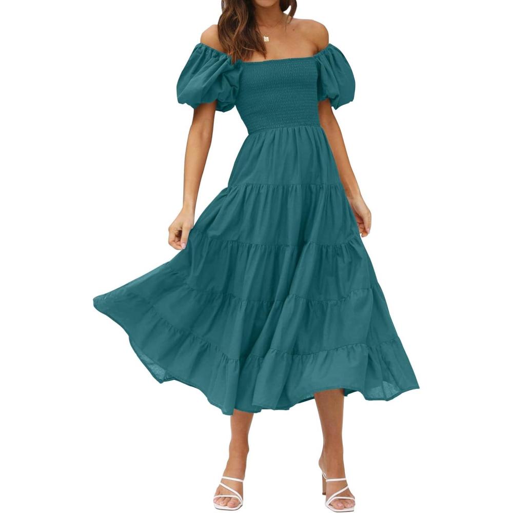 imageZESICA Womens 2026 Summer Square Neck Short Puff Sleeve Solid Color High Waist Casual Smocked Flowy A Line Tiered Midi DressTeal Green