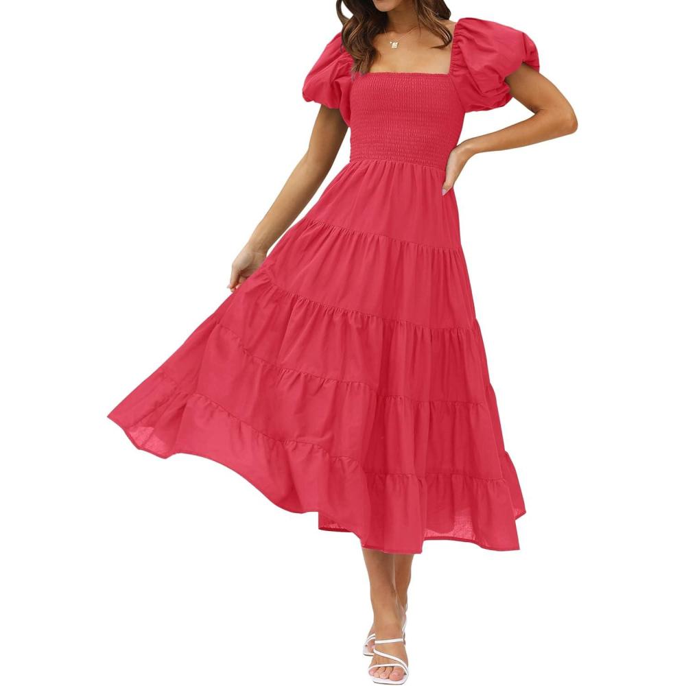 imageZESICA Womens 2026 Summer Square Neck Short Puff Sleeve Solid Color High Waist Casual Smocked Flowy A Line Tiered Midi DressWatermelon