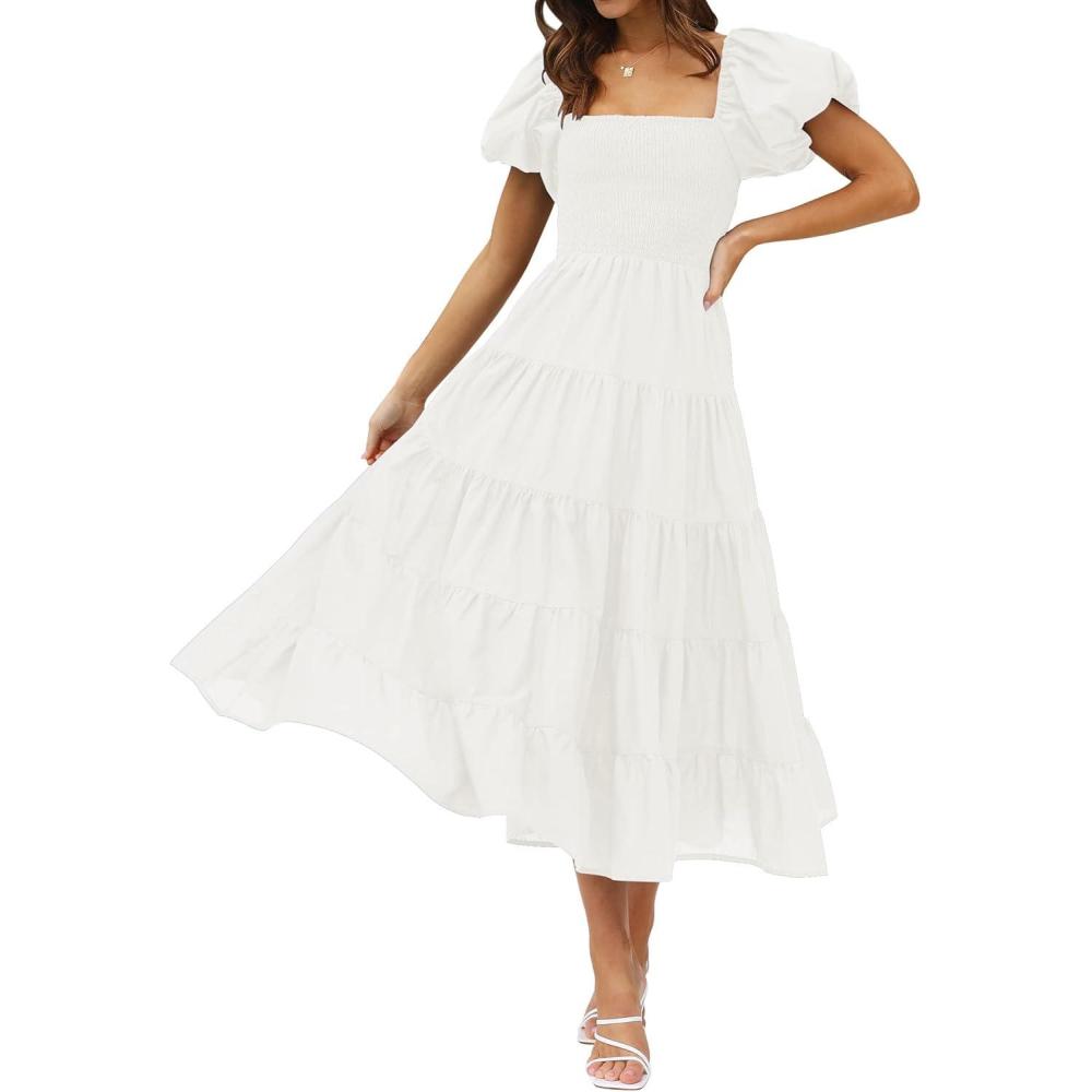 imageZESICA Womens 2026 Summer Square Neck Short Puff Sleeve Solid Color High Waist Casual Smocked Flowy A Line Tiered Midi DressWhite