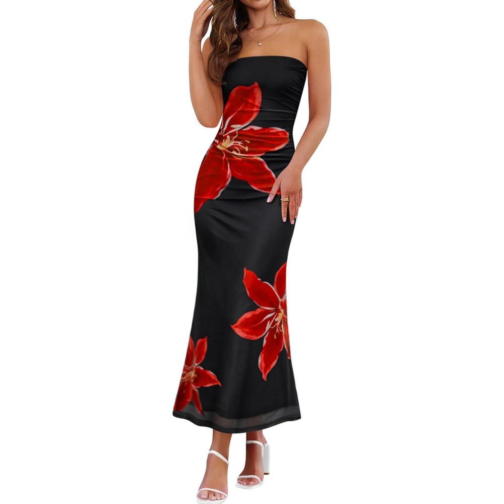 imageZESICA Womens Boho Floral Strapless Maxi Dress 2026 Summer Off Shoulder Bodycon Beach Party Long DressesBlack