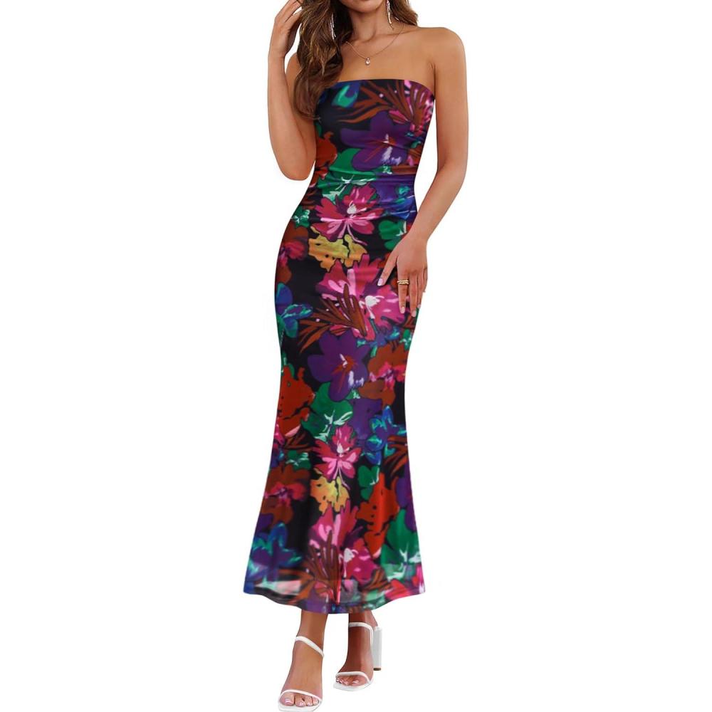 imageZESICA Womens Boho Floral Strapless Maxi Dress 2026 Summer Off Shoulder Bodycon Beach Party Long DressesPurple
