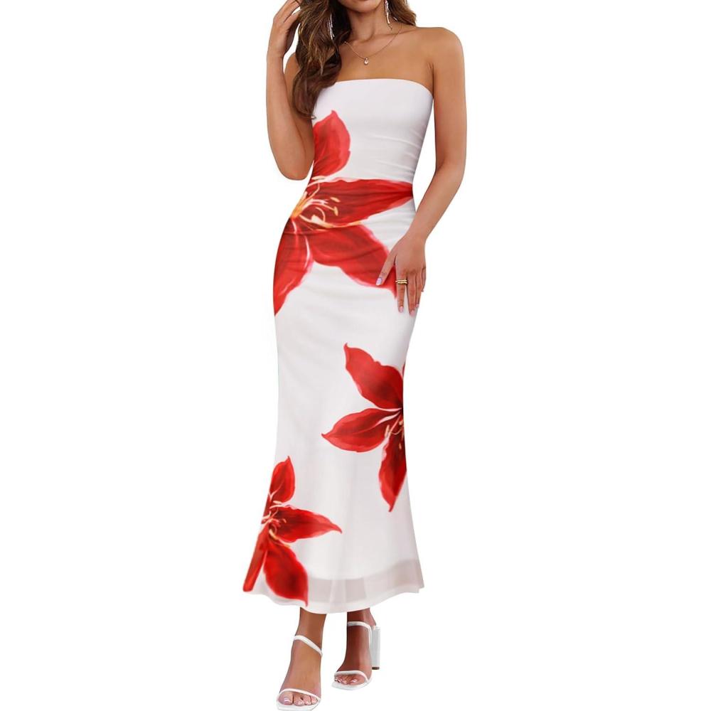 imageZESICA Womens Boho Floral Strapless Maxi Dress 2026 Summer Off Shoulder Bodycon Beach Party Long DressesWhite