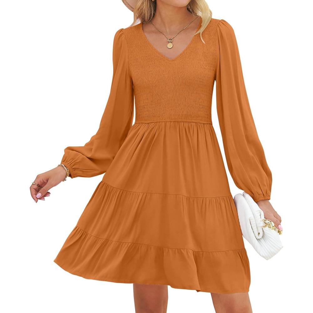 imageZESICA Womens Casual V Neck Long Sleeve Smocked High Waist Ruffle A Line Tiered Mini DressCaramel