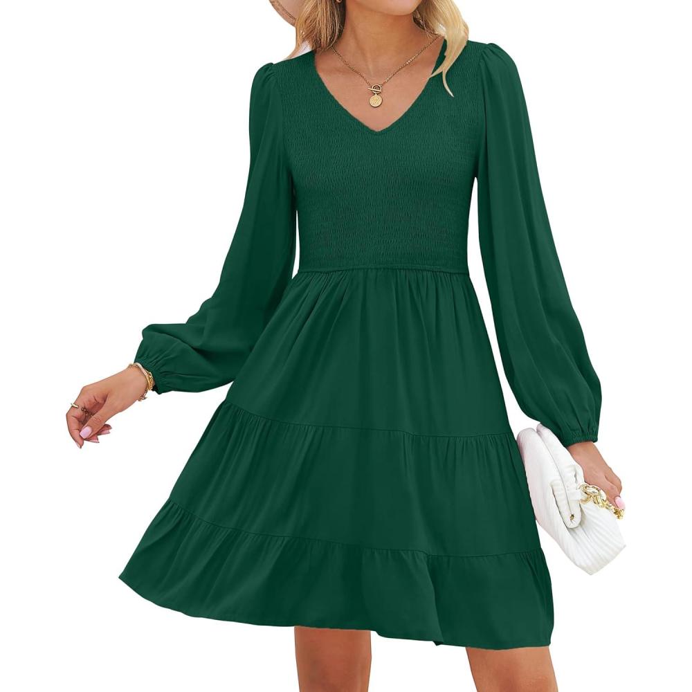 imageZESICA Womens Casual V Neck Long Sleeve Smocked High Waist Ruffle A Line Tiered Mini DressDarkgreen