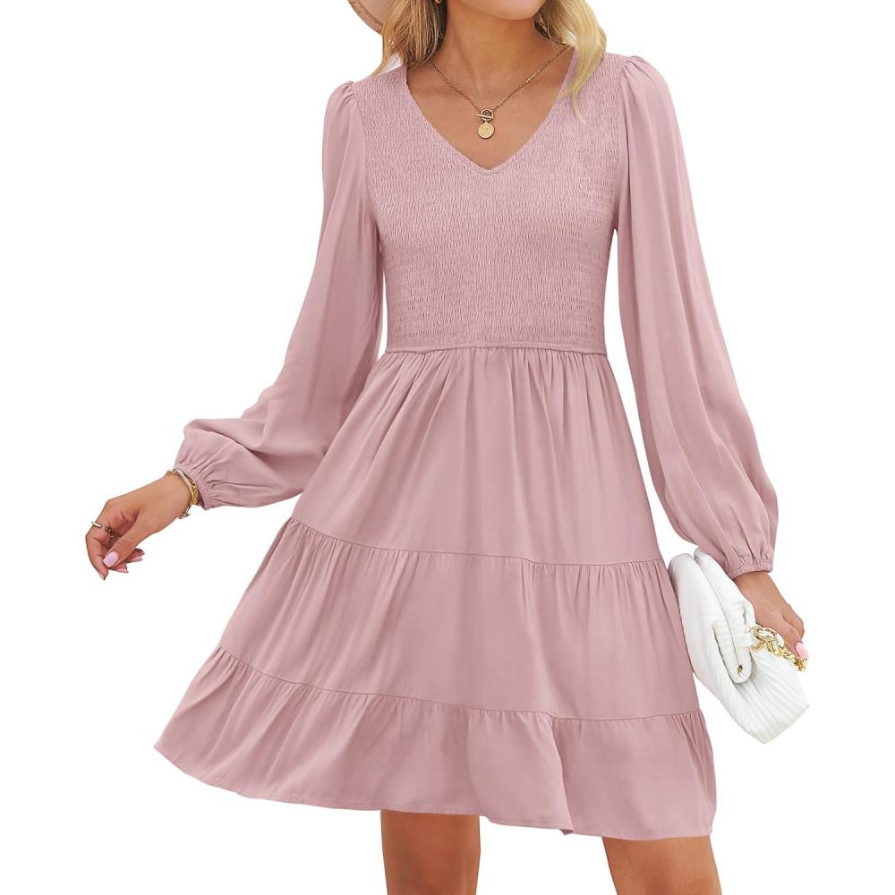 imageZESICA Womens Casual V Neck Long Sleeve Smocked High Waist Ruffle A Line Tiered Mini DressDarkpink