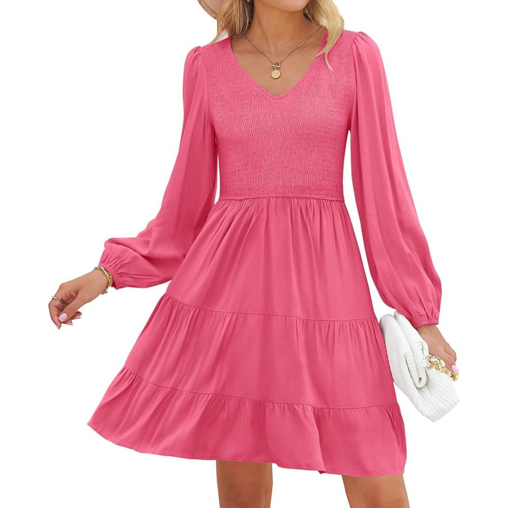 imageZESICA Womens Casual V Neck Long Sleeve Smocked High Waist Ruffle A Line Tiered Mini DressHotpink