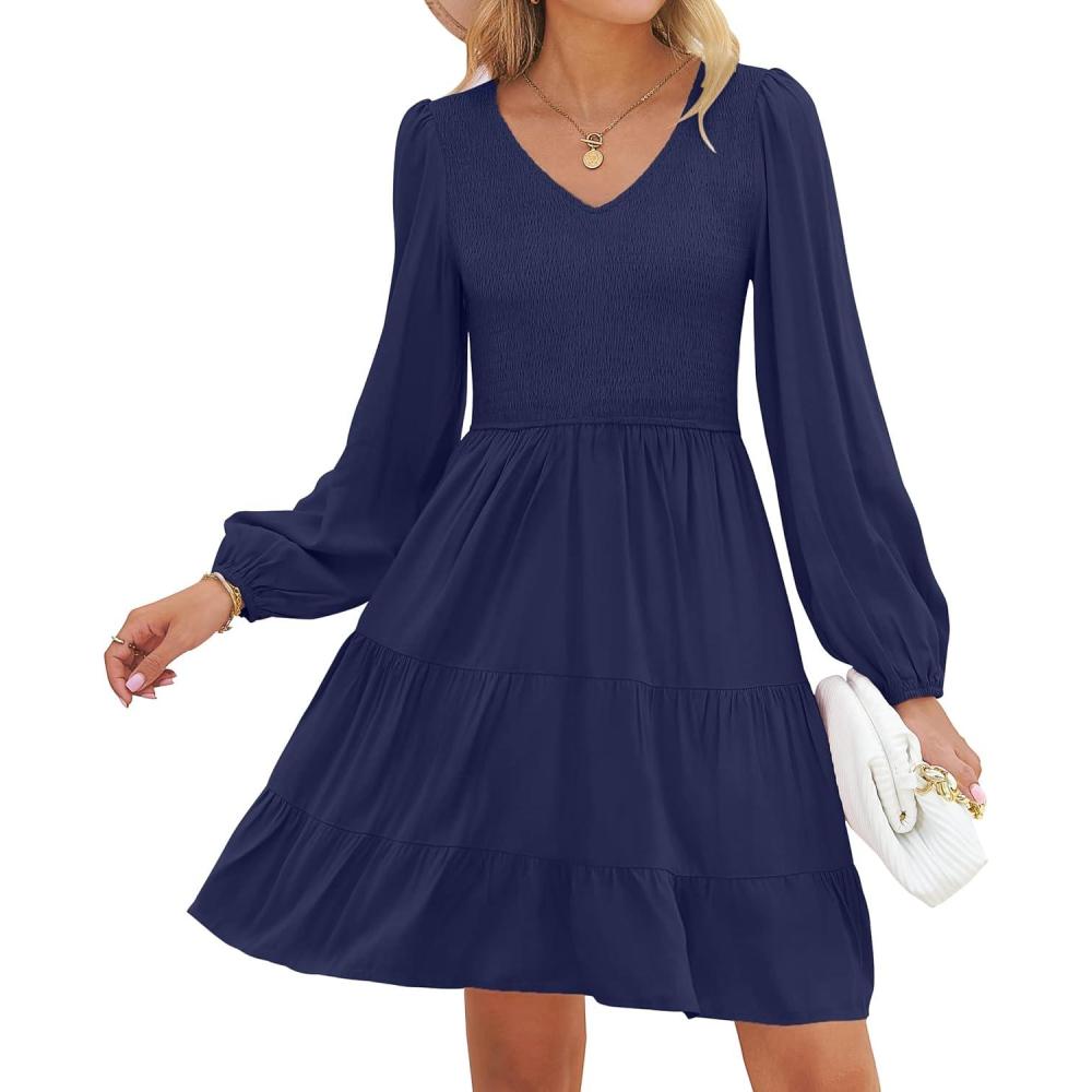 imageZESICA Womens Casual V Neck Long Sleeve Smocked High Waist Ruffle A Line Tiered Mini DressNavy