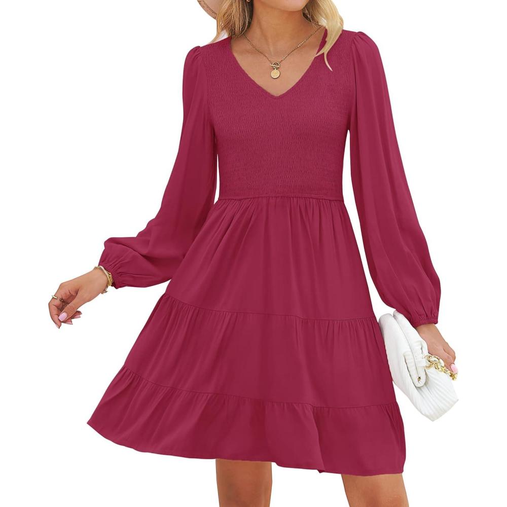 imageZESICA Womens Casual V Neck Long Sleeve Smocked High Waist Ruffle A Line Tiered Mini DressPlum