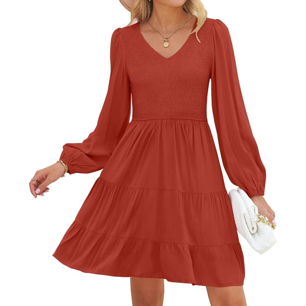 imageZESICA Womens Casual V Neck Long Sleeve Smocked High Waist Ruffle A Line Tiered Mini DressRed
