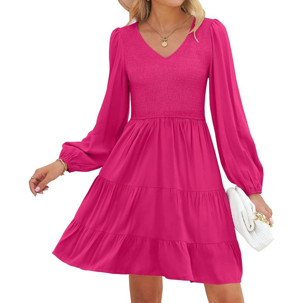 imageZESICA Womens Casual V Neck Long Sleeve Smocked High Waist Ruffle A Line Tiered Mini DressRose