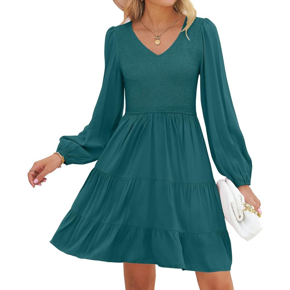 imageZESICA Womens Casual V Neck Long Sleeve Smocked High Waist Ruffle A Line Tiered Mini DressTealgreen