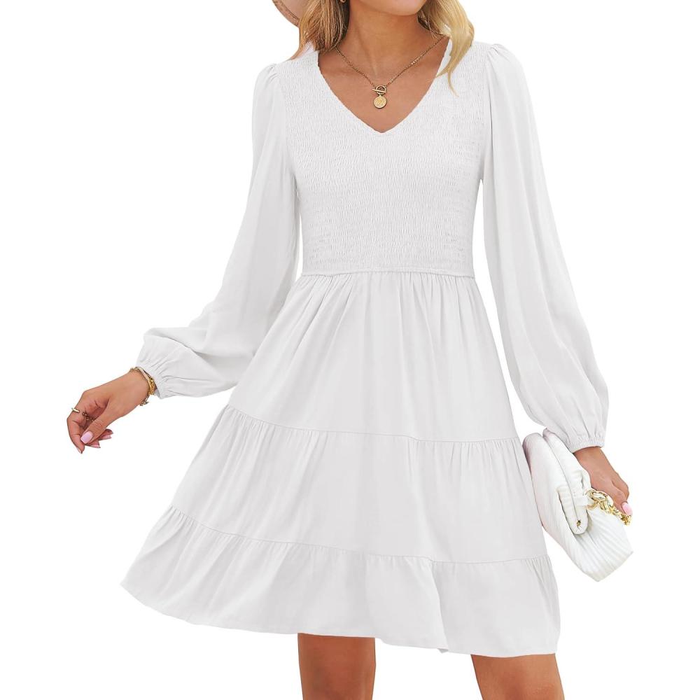 imageZESICA Womens Casual V Neck Long Sleeve Smocked High Waist Ruffle A Line Tiered Mini DressWhite