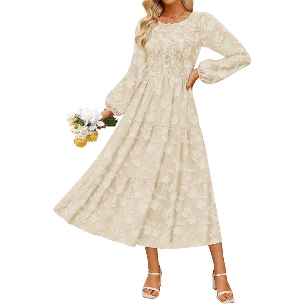 imageZESICA Womens Fall Boho Floral Midi Dress 2026 Casual Long Sleeve Crewneck Flowy Wedding Guest Long DressesApricot