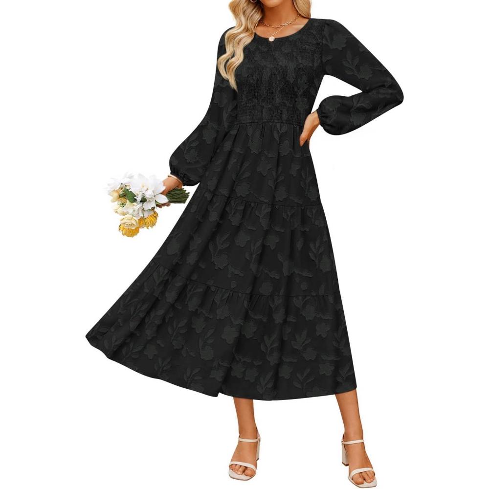 imageZESICA Womens Fall Boho Floral Midi Dress 2026 Casual Long Sleeve Crewneck Flowy Wedding Guest Long DressesBlack