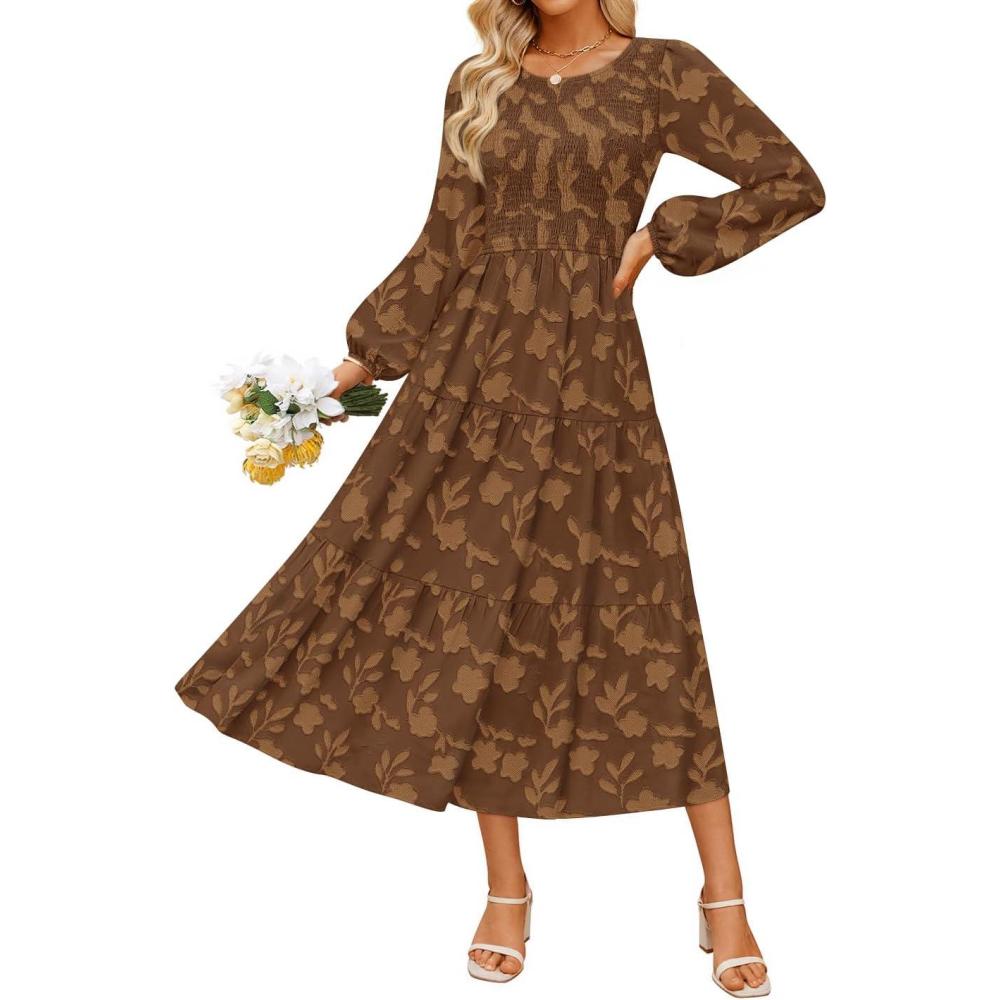 imageZESICA Womens Fall Boho Floral Midi Dress 2026 Casual Long Sleeve Crewneck Flowy Wedding Guest Long DressesCaramel