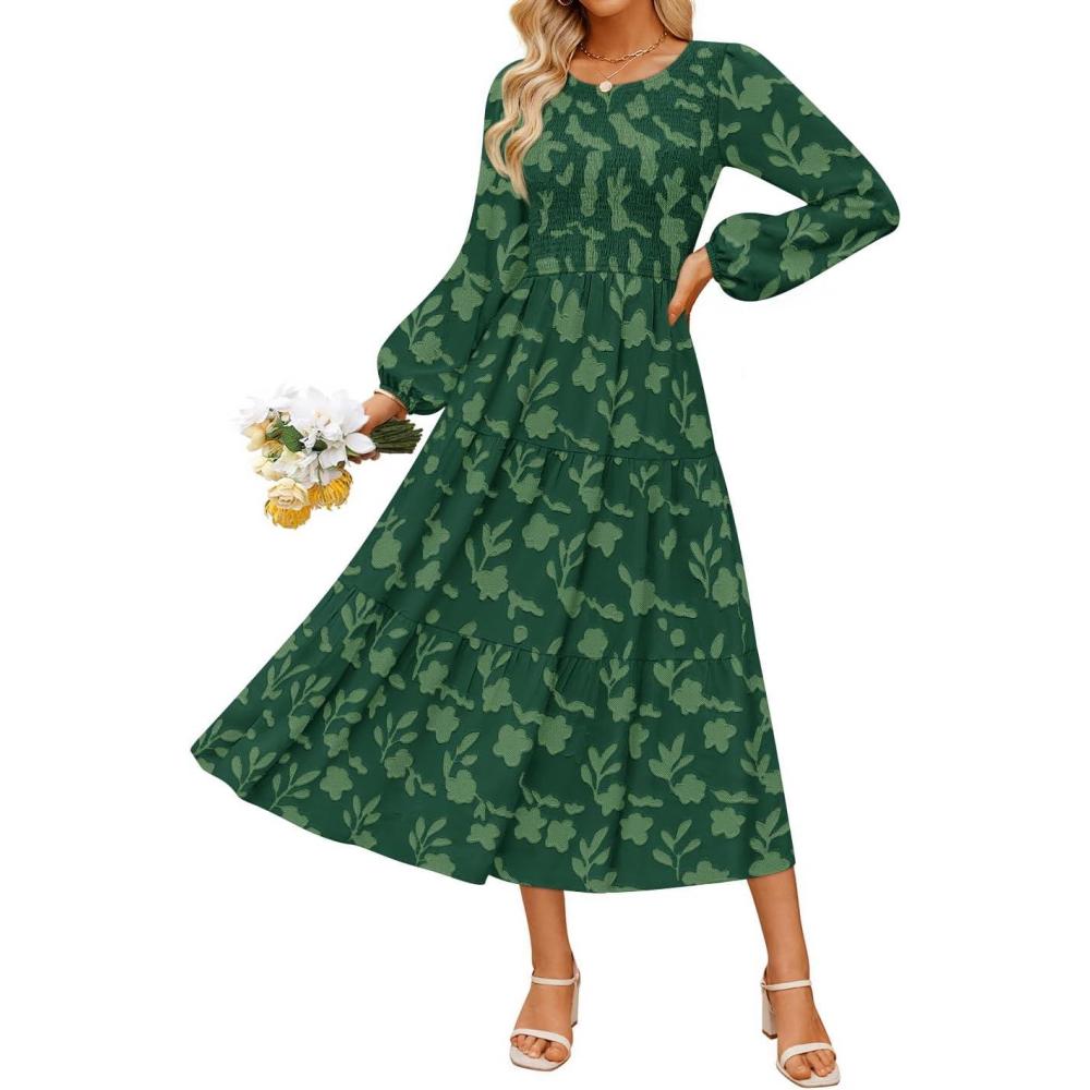 imageZESICA Womens Fall Boho Floral Midi Dress 2026 Casual Long Sleeve Crewneck Flowy Wedding Guest Long DressesDark Green