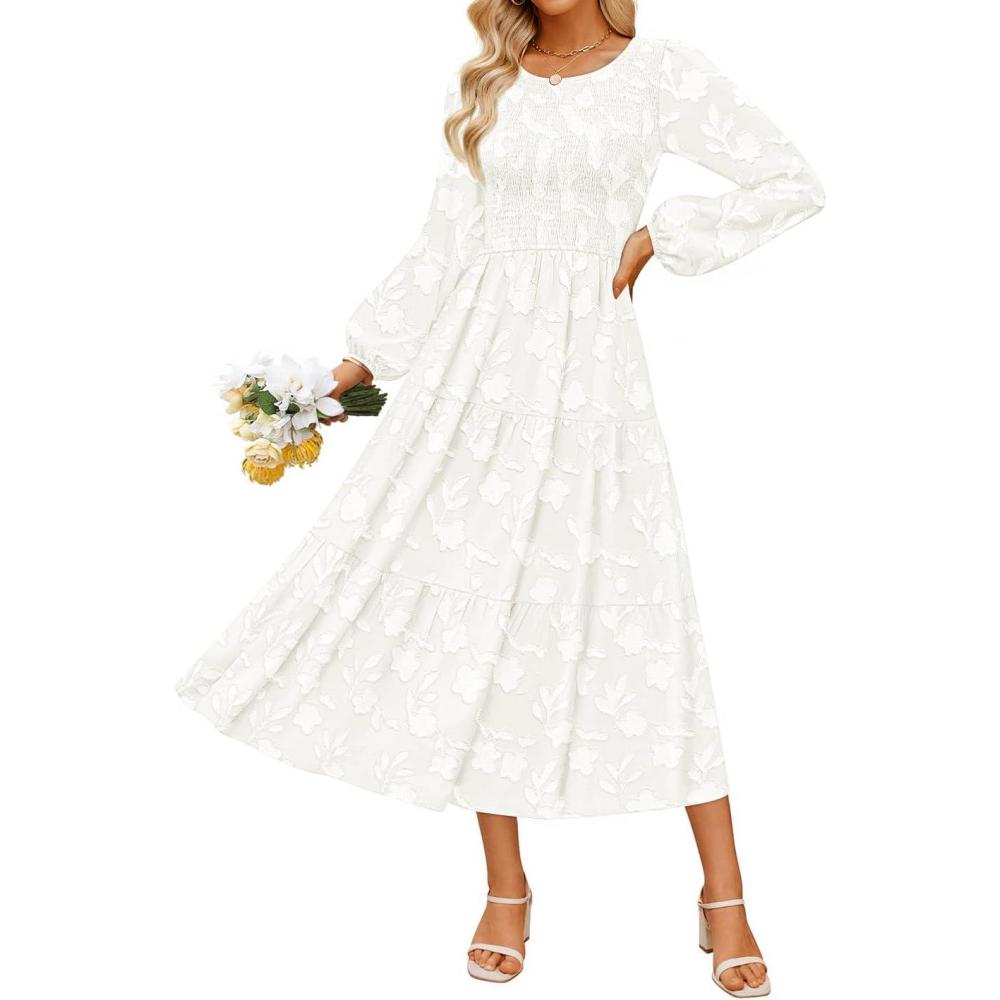 imageZESICA Womens Fall Boho Floral Midi Dress 2026 Casual Long Sleeve Crewneck Flowy Wedding Guest Long DressesWhite