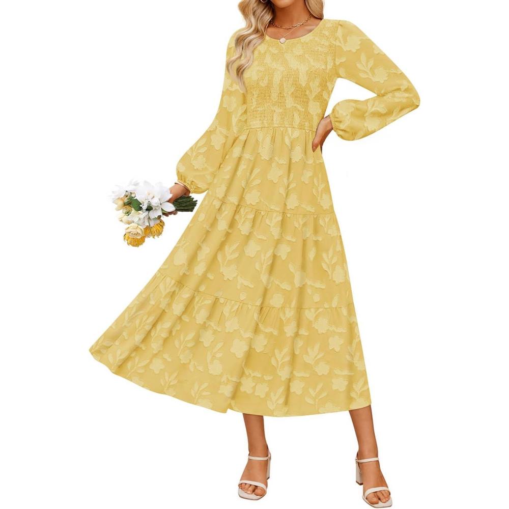 imageZESICA Womens Fall Boho Floral Midi Dress 2026 Casual Long Sleeve Crewneck Flowy Wedding Guest Long DressesYellow