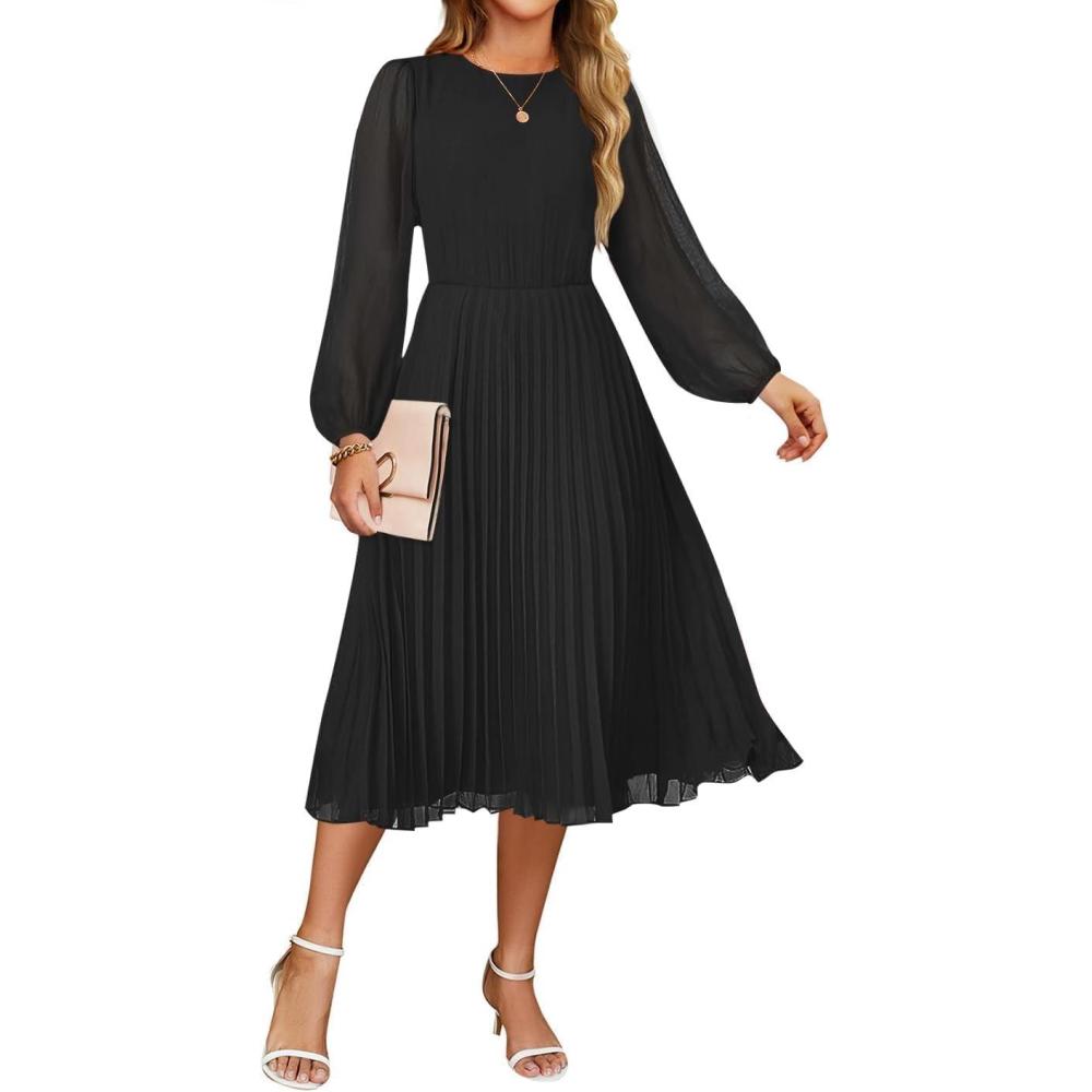 imageZESICA Womens Fall Long Sleeve Dresses 2026 Casual Crewneck Chiffon Swing Pleated A Line Cocktail Party Midi DressBlack